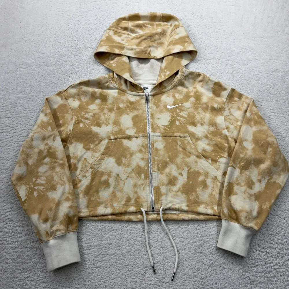 Nike Womens XS Tie Dye Cropped‎ Full Zip Hoodie Tan White Cotton French Terry